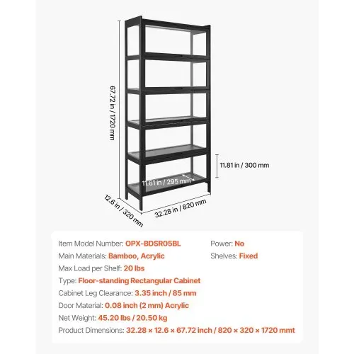 VEVOR Sammlervitrine Vitrinenschrank 5-stöckig, 172 cm hoch, Standvitrine mit natürlicher Holzrahmen (9,07 kg Tragkraft pro Schicht), Standregal Bücherregal für Büro Spielzimmer Wohnzimmer – Bild 6