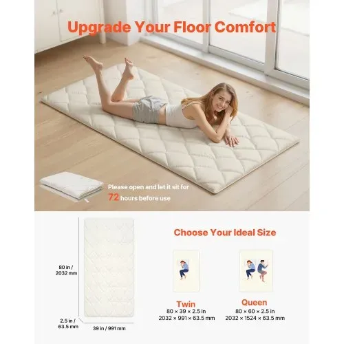 VEVOR japanische Futon-Matratze (2032 x 991 x 63,5 mm), faltbare Tatami (Einzelbettgröße), Bodenmatratze mit Aufbewahrungstasche & Befestigungsmaterial, 9-lagige Schlafmatte für Meditation Yoga, Weiß VEVOR japanische Futon-Matratze (2032 x 991 x 63,5 mm), faltbare Tatami (Einzelbettgröße), Bodenmatratze mit Aufbewahrungstasche & Befestigungsmaterial, 9-lagige Schlafmatte für Meditation Yoga, Weiß