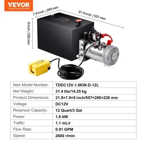 VEVOR Hydraulikpumpe Hydraulikaggregat 12 V Hydraulikaggregat 1600 W, Einfachwirkende Hydraulikpumpe Hydraulic Power Pack, 3 Gal Tank Hand Pump Hydraulikaggregat, für Aufzüge, Gabelstapler usw. – Bild 6