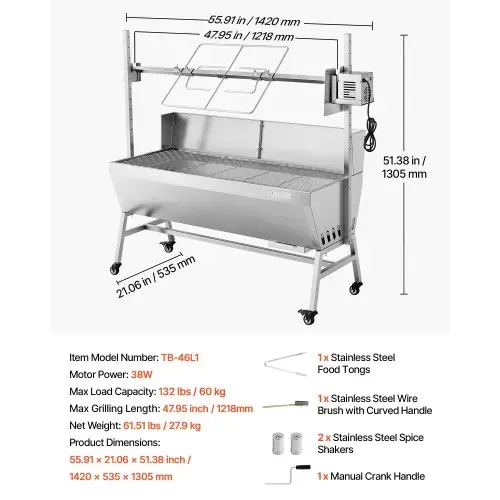 VEVOR Drehspießgrill 38 W Spanferkelgrill Lammgrill Holzkohlegrill (1218 mm Grilllänge) mit 60 kg Tragkraft & Rädern & 4-facher Höhenverstellung & Schutzblech, Elektrogrill-Set für Camping – Bild 6
