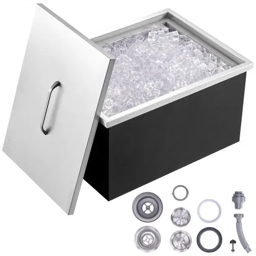 VEVOR Drop-in-Eisbox, 30,25 L Edelstahl-Eiskühler, 508 x 355 x 308 mm Kommerzieller Eisbehälter mit Abdeckung, Eingebaute Eisspeichertruhe, Abflussrohr und Ablassstopfen im Lieferumfang Enthalten VEVOR Drop-in-Eisbox, 30,25 L Edelstahl-Eiskühler, 508 x 355 x 308 mm Kommerzieller Eisbehälter mit Abdeckung, Eingebaute Eisspeichertruhe, Abflussrohr und Ablassstopfen im Lieferumfang Enthalten