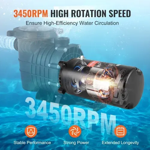 VEVOR 1,5 PS Poolpumpenmotor, 56J Rahmen, 115V(13,6 Ampere)/230V(6,8 Ampere) 3450 U/min, 60Hz, 1.3 Betriebsfaktor, 90μF/250V Kondensator, CCW Rotation Rundflansch Ersatzmotor – Bild 2