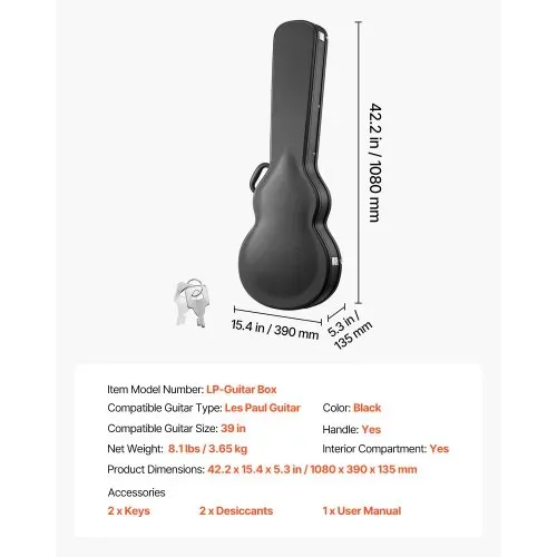 VEVOR E-Gitarrenkoffer für 39-Zoll-Les-Paul-Gitarren 108 cm Harschalenkoffer, Gitarrenkoffer aus Holz mit Schloss, Schaumstoffeinlage, Schlüsseln, Zubehörfach, Hartschalen-Formkoffer Schwarz – Bild 6