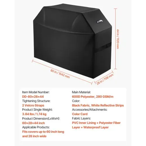 VEVOR Grillabdeckung Abdeckhaube Abdeckplane Grillhaube (1524 mm) für Außengrills, wasserdicht & wetterbeständig, strapazierfähiges 600D-Polyester, einfaches An- und Ausziehen, mit Klettbändern – Bild 6