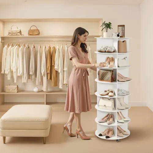 VEVOR Schuhregal Schuhschrank für 28 Paar Schuhe (7-stöckig) 360° drehbar, Schuhaufbewahrung mit Rollen, Schuhablage für Schlafzimmer Wohnzimmer Eingangsbereich, Weiß 598 x 598 x 1670 mm – Bild 7