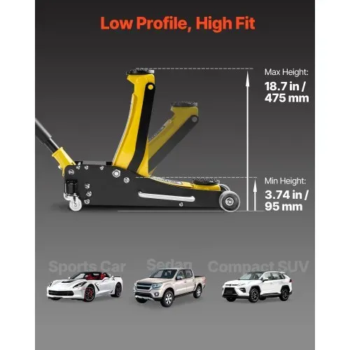 VEVOR Rangierwagenheber Wagenheber mit niedrigem Profil & 360° Rollen 2,5 t, Doppelkolben-Schnellhubpumpe, 95–475 mm Hubhöhe, hydraulische Wagenheber für kompakte SUVs Gelb + Schwarz – Bild 2