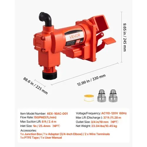 VEVOR Kraftstoff-Transferpumpe, 230 V AC, elektrische Diesel-Transferpumpe, 57 l/min, maximale Saughöhe 2,4 m, maximale Förderhöhe 11,28 m, für Benzin, Kerosin, Biodiesel, Ethanol – Bild 6