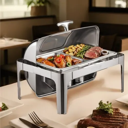 VEVOR Chafing Dish Set Speisenwärmer Edelstahl mit 2 Pfannen in halber Größe (3,9 L), rechteckiger Wärmespender mit sichtbarem Deckel & Wasserpfannenständer & Brennstoffhalter, für Partys Silber – Bild 7