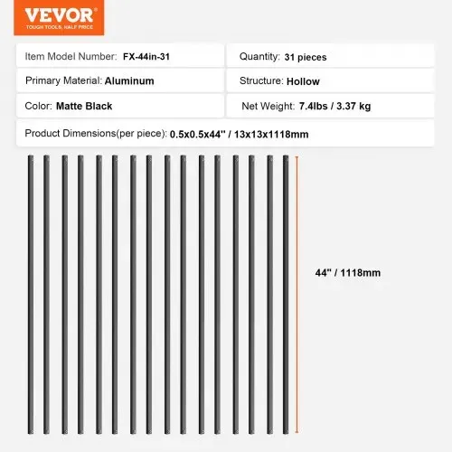 VEVOR Metallbaluster für Treppen, 13 x 1118 mm, quadratisch, dekorative Geländerstäbe aus Aluminiumlegierung, 31er-PackDeckbaluster mit Schrauben, klassisches, hohles, gerades Deckgeländer – Bild 6