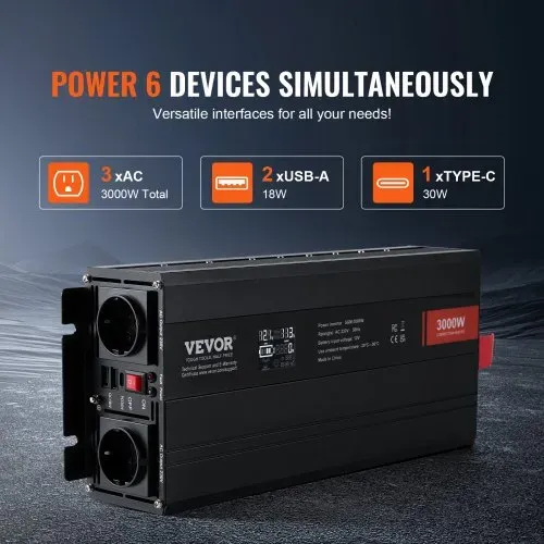 VEVOR Sinus-Wechselrichter 3000 W DC 12 V AC 230 V LCD-Display Wechselrichter mit 3 AC-Steckdosen 2 USB-Anschlüssen 1 Typ-C-Anschluss 10 Ersatzsicherungen für große Haushaltsgeräte – Bild 2