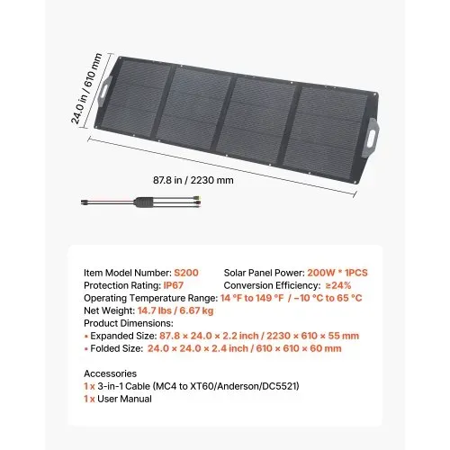 VEVOR 200W Faltbares Solarpanel, Tragbares Solarmodul mit 24% Effizienz IP67 Wasserschutz Monokristalline Solarzellen, Mobiles Solarladegerät mit USB-A Typ-C & DC Anschluss für Camping Outdoor Notfall – Bild 6