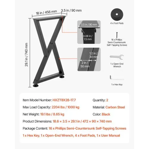 VEVOR Tischkufen 2er-Set 472x740 mm, Z-förmige Tischuntergestell 1000 kg, Tischbeine Kohlenstoffstahl, Möbelfüße, Tischgestell, Tischfüße für Schreibtische, Couchtische, Esstische, Schwarz – Bild 4