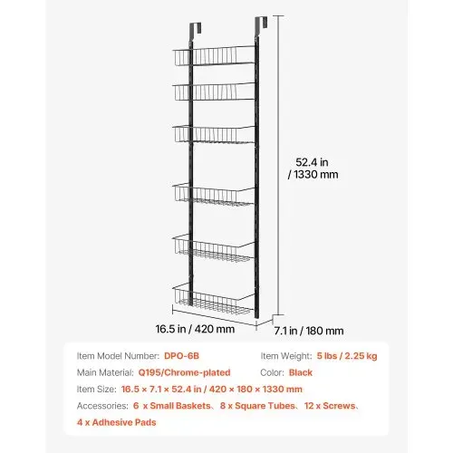 VEVOR Vorratsschrank Speisekammer-Organizer Aufbewahrung über der Tür, 6-stufige Gewürzregale zum Aufhängen aus Stahl, verstellbare Lagerregale für die Wand, für Zuhause Küche Badezimmer, schwarz – Bild 6
