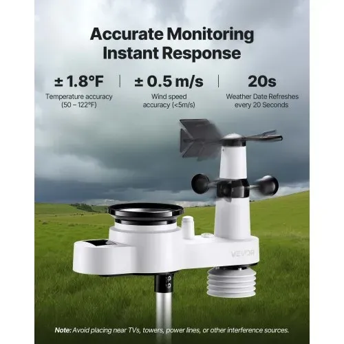 VEVOR 5-in-1-Wetterstation, 7,5-Zoll-Display, solarbetriebener Außensensor, Regenmesser, für Wettervorhersage, Temperatur, Luftfeuchtigkeitsmesser, Windgeschwindigkeit & -richtung (kein WLAN) – Bild 2