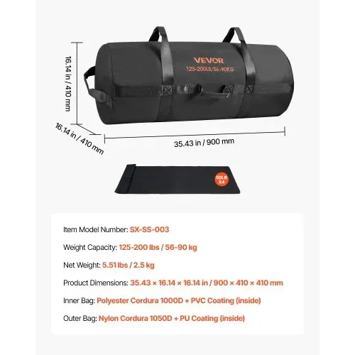 VEVOR Workout-Sandsack, strapazierfähige Powerbags Sandsack-Trainingstasche mit Griffen, einstellbar 56-90 kg für Fitness-Krafttraining, Cross-Training, Fitnessstudio-Übungen, Schwarz (ungefüllt) – Bild 6