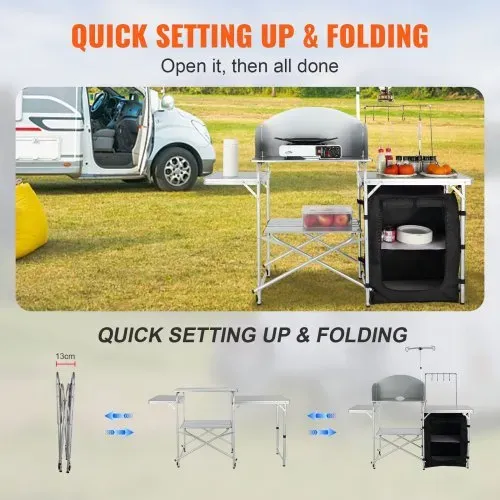 VEVOR Campingküche Outdoor Faltbar 78 x 49 x 13 cm, Alu Campingschrank, Camping Küche mit Windschutz, Campingmöbel Reiseküche inkl. Haken & Lampenmast 66-121 cm, Küchenschrank Campingtisch Reisen – Bild 2