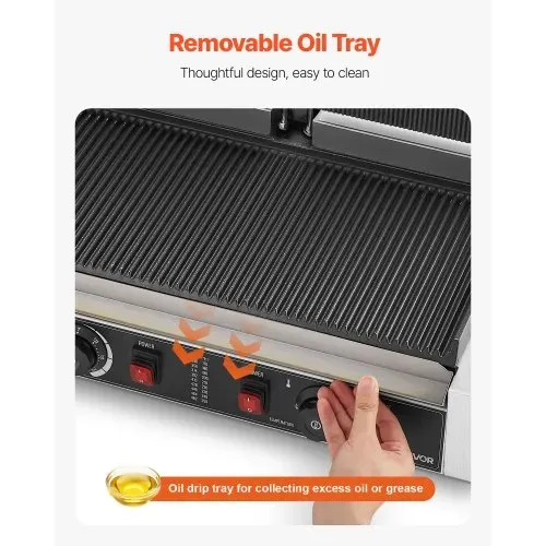 VEVOR kommerzieller Kontaktgrill 3600 W Elektrogrill Sandwichmaker (Doppelbackplatten) Panini Presse aus Edelstahl mit Temperaturregelung, 48 x 23 cm gerillte Emailleplatte für Hamburger Steak Speck – Bild 3