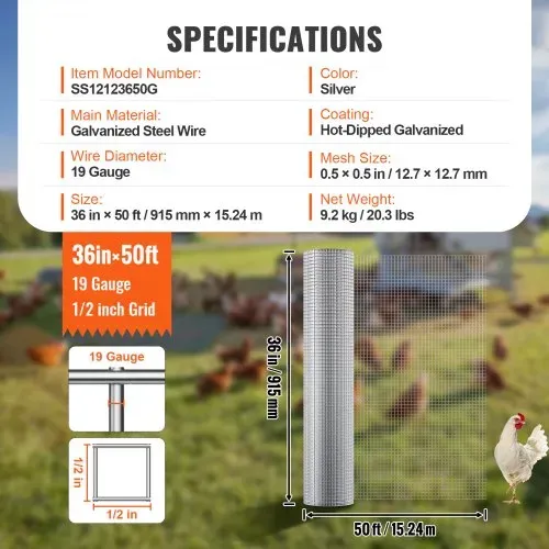 VEVOR Drahtgeflecht, 915 mm x 15,24 m, Volierendraht, 19 Gauge, feuerverzinkte Maschendrahtrolle, Maschendrahtzaun, Maschendraht für Kaninchenkäfige, Garten, kleine Nagetiere – Bild 6