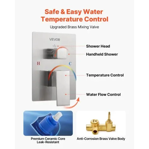 VEVOR Duscharmatur Regenduschsystem fürs Badezimmer Duschsystem mit 254 mm quadratischen Regenduschkopf & Handbrause, wandmontierte Badezimmerarmaturen mit Messingventil & Zierset, gebürstetes Nickel – Bild 4