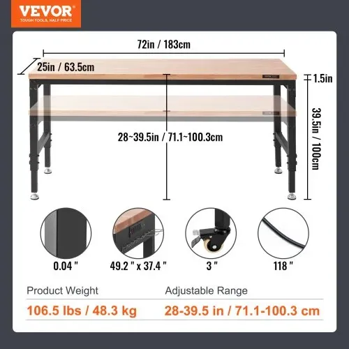 VEVOR verstellbare Werkbank-Arbeitstischplatte, Maße: 1829 x 635 mm, verstellbare Höhe: 71,1–100,3 cm, max. Belastung. 1361 kg, Tisch mit Steckdosen, Holzplatte für Büro, Zuhause, Garage – Bild 6