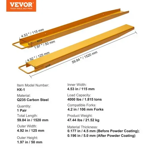 VEVOR 2er-Set Gabelverlängerungen 1520 mm Zinkenverlängerung 1,815 Tonnen Tragfähigkeit Gabelzinken Q235 Kohlenstoffstahl einteiliges Design Palettengabelverlängerung Kompatibel mit 106 mm Gabeln – Bild 6
