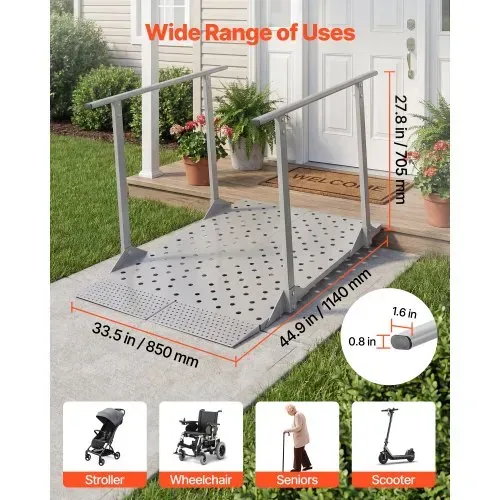 VEVOR Rollstuhlrampe mit Handläufen, 1140x850x705mm Schwellenrampe mit Max. 199,6kg Tragkraft, Rutschfeste Auffahrschiene aus Eisen, Tragbare Auffahrrampe für Scooter Türschwelle Bordsteine Treppen – Bild 5