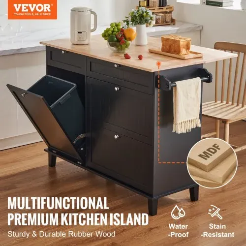 VEVOR Kücheninselwagen, 128 cm Frühstücksbar mit Holzplatte und ausklappbarem Müllschrank, 10 Gal Stauraum, Bauernhaus-Ess-/Wohnzimmertisch mit Klappplatte, Handtuchhalter, Schublade, schwarz VEVOR Kücheninselwagen, 128 cm Frühstücksbar mit Holzplatte und ausklappbarem Müllschrank, 10 Gal Stauraum, Bauernhaus-Ess-/Wohnzimmertisch mit Klappplatte, Handtuchhalter, Schublade, schwarz