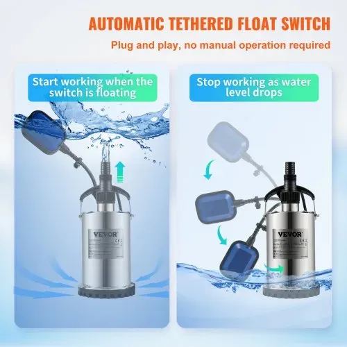 VEVOR Schmutzwasserpumpe 550W Tauchpumpe 230V Gartenpumpe Durchfluss 9500L/h Schmutzwassertauchpumpe IPX8 Auslass zuschneidbar zum Pumpen von Wasser aus Schwimmbädern Teichen Kellern – Bild 4