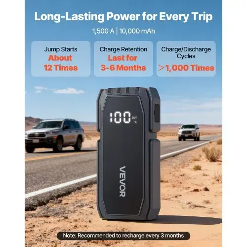 VEVOR Starthilfe Powerbank, Starthilfegerät 1500A Spitzenstrom mit LED-Taschenlampe & Kabel für Motor bis zu 6L Benzin/4L Diesel, Tragbarer Booster mit Schnellladung & Sicherheitsschutz für Notfall – Bild 2