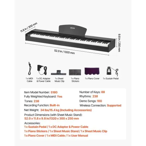 VEVOR Gewichtetes Digitalpiano, 88 Tasten vollgewichtet, E-Piano Doppeltastatur & Lautsprecher mit Notenständer, Sustain-Pedal, Aufnahmefunktion, 280 Töne, Kabellose Verbindung, für Anfänger, Schwarz – Bild 6