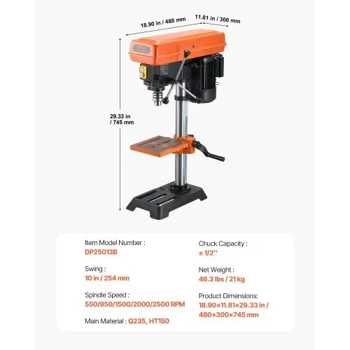 VEVOR 254 mm Tischbohrmaschine, 550 W Induktionsmotor, Säulenbohrmaschine mit 550-2500U/min einstellbarer Geschwindigkeit, 0–45° neigbarer Arbeitstisch, Röntgenpositionierung, für Holzmetall – Bild 6