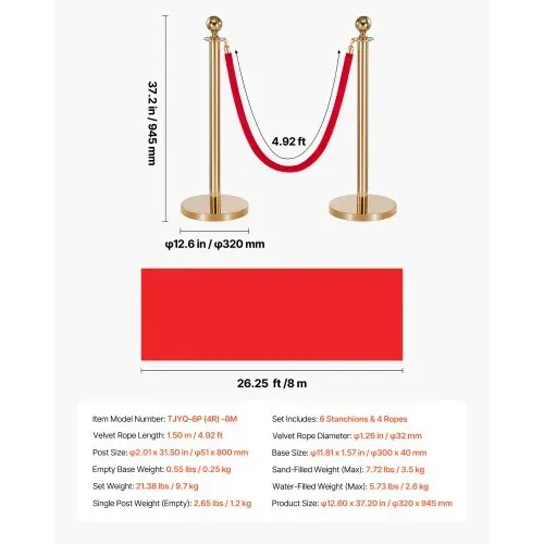 VEVOR Absperrpfosten 6-teilig, Personenleitsystem Set mit Rotem Teppich (8 m) & 4 Roten Samtseilen (1,5 m), Absperrständer mit Nachfüllbarem Sockel für Konzerte Ausstellungen Hotels Kinos (Golden) – Bild 6