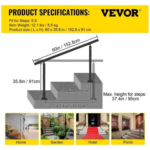 VEVOR Treppengeländer ohne Querstreben 152,8x91cm Handlauf Max. Höhe für Stufen Geländer aus Aluminium 70kg Tragfähigkeit Schwarz Ideal für Treppe mit 0-5 Stufen Veranden Gärten Hotels Garagen – Bild 6