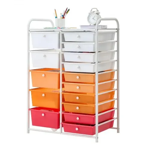 VEVOR Rollwagen mit 15 Schubladen Doppelreihe 630x385x965mm Farbverlauf Rot, Metallgestell, Ablagefläche, Handgriffe, Lenkrolle mit 2 Bremsen, Mobiler Schubladenwagen für Büro Werkstatt Bastelzimmer – Bild 9