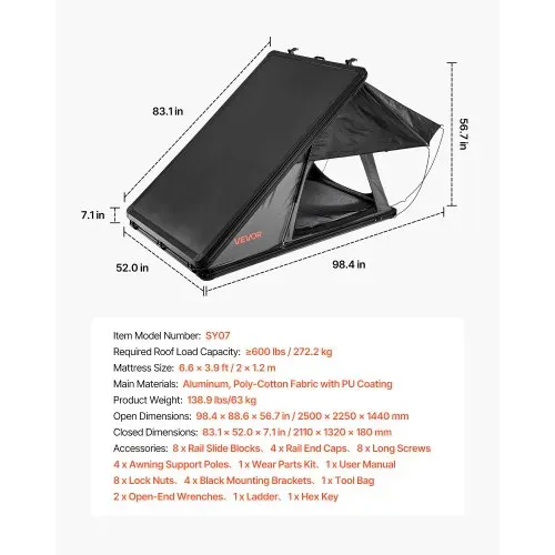 VEVOR Autodachzelt Hartschalen für 2-3 Personen, Autozelt aus Aluminium mit Dreifarbiger LED-Beleuchtung & Dicker Matratze, Wassefest & Windicht, für Jeep SUV Pickup, 250 x 225 x 144 cm (Aufgeklappt) – Bild 6