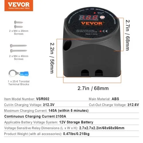 VEVOR Spannungsgesteuertes Trennrelais, 12 V, 140 A, manueller und automatischer Modus, spannungsempfindliches VSR-Relais mit LCD-Bildschirm, für ATV, UTV, Wohnmobil, Geländewagen, LKW, Boot, Yacht – Bild 6