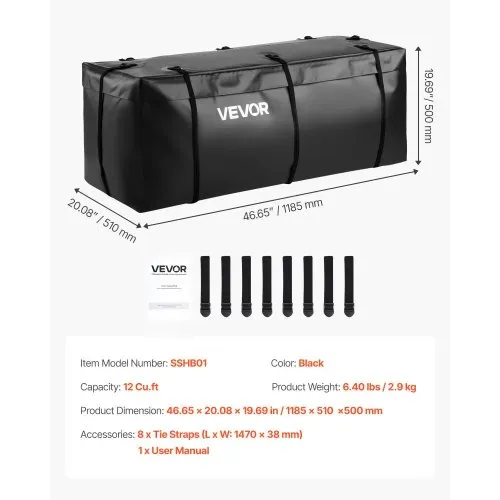 VEVOR Gepäckträgertasche für Anhängerkupplung aus wasserdichtes 840D-PVC (0,34 m³), Gepäcktasche zur Aufbewahrung auf der Ladefläche von Lkws mit verstärkten Gurten für PKW SUVs Vans Schwarz – Bild 6