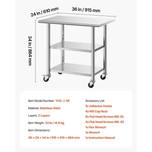 VEVOR Gasto Arbeitstisch 915 x 610 x 864 mm, Edelstahltisch mit 3 Ebenen & Rollen & Höhenverstellbaren Ablagen Belastbarkeit Top 227 kg & 2 Unterablagen je 191 kg Vorbereitungstisch für Restaurant – Bild 6
