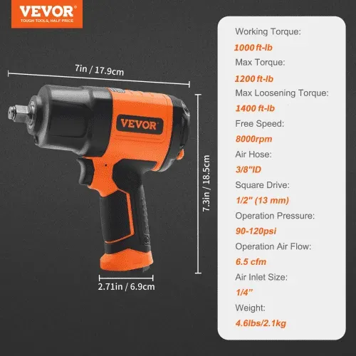 VEVOR 1,27 cm Druckluft-Schlagschrauber, hohes Drehmoment bis zu 2.000 Nm, leichte pneumatische Schlagpistole, mit 11-teiligem 1/2-Zoll-Antrieb, CR-V-Stahl-Schlagsteckschlüsselsatz und Tragetasche – Bild 6