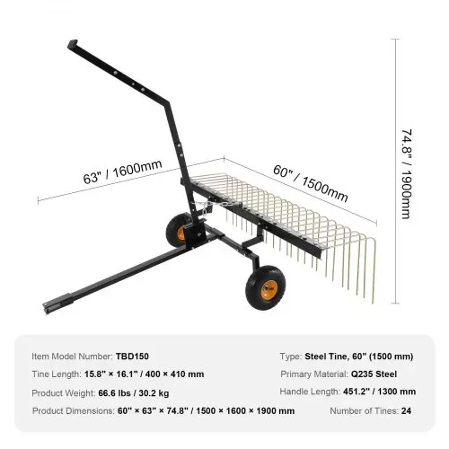 VEVOR Vertikutierer, 60-Zoll-Vertikutierer mit 24 Stahlzinken, Rasenvertikutierer für ATV oder Mäher, Rasenrechen mit Hebegriff für Laub, Tannennadeln und Gras – Bild 6