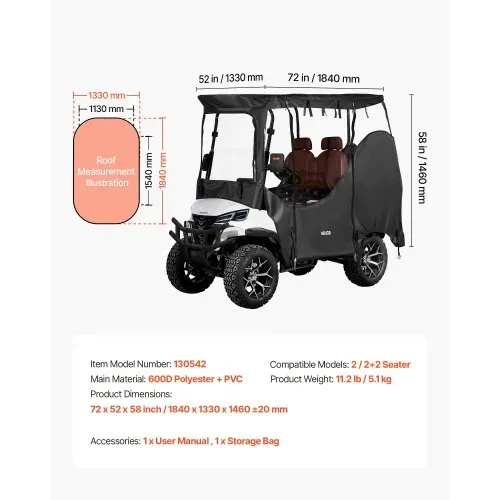 VEVOR Golfwagenabdeckung Sichtbar für 2-Sitzer-Golfwagen (die Meisten Golfcart von Club Car, Yamaha, EZGO & Honda), Regenabdeckung aus 600D-Oxford-Gewebe, mit PU-Beschichtung & Winddichtem Hakensystem – Bild 6