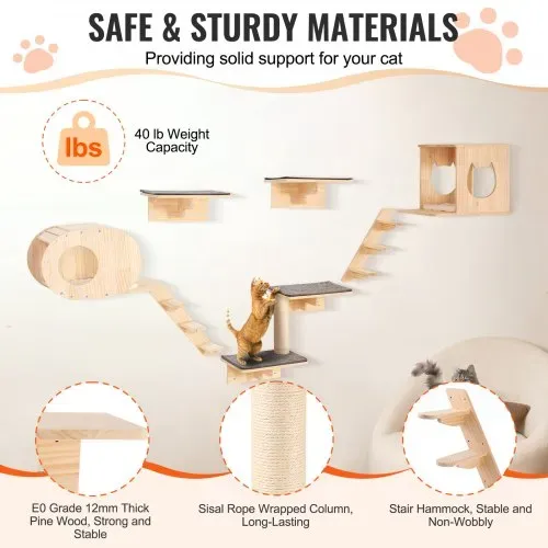 VEVOR Katzenregale zur Wandmontage, Katzenwandregale und Sitzstangen mit Sprungbrettern, Katzenbetten, Hängematten und Katzenbaum, Katzenmöbel und Regale bis zu 18 kg zum Schlafen, Spielen, Klettern, 7er-Set – Bild 2
