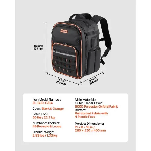 VEVOR Werkzeugrucksack, 49 Taschen, Werkzeug-Aufbewahrungs-Organizer, Backpack mit Laptopfach und verstärktem Stoffboden, Baustellenrucksack, Werkzeugtasche für Elektriker, Handwerker – Bild 6