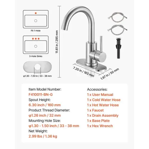 VEVOR Einhebelwaschtischarmatur Wasserhahn mit gebürstetem Nickel & hohem Bogenauslauf, Waschbeckenarmatur Küchenwasserarmaturen wassersparend, Einhebelmischer für Badezimmer Wohnmobil Bar-Spüle – Bild 6