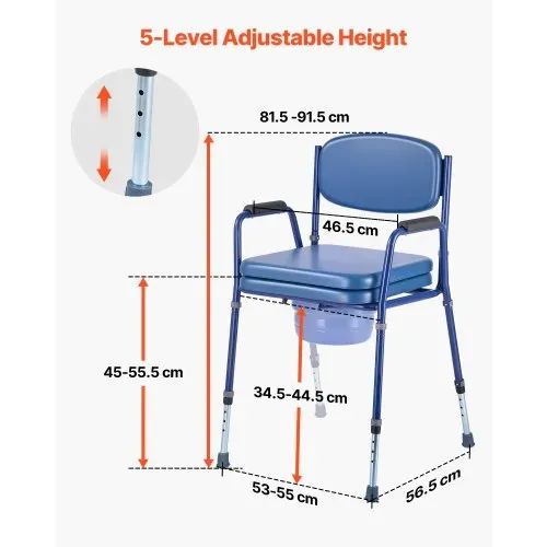 VEVOR Nachttoilettenstuhl 181 kg belastbar, Toilettensitzerhöhung mit gepolsterter Sitzfläche & Rückenlehne, abnehmbarer 5 L Eimer, höhenverstellbarer Toilettenstuhl (815-915 mm) für Erwachsene – Bild 2