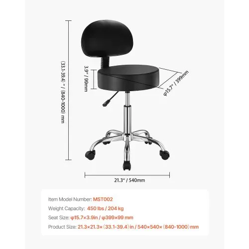 VEVOR Sattelhocker Rollhocker 204 kg belastbarer höhenverstellbarer (84-100 cm) Drehhocker Arbeitshocker mit Rückenlehne, PU-Leder-Drehsattelstuhl für Salon Spa Massage Klinik Schwarz – Bild 6