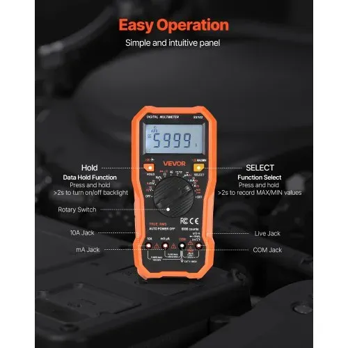 VEVOR Digitalmultimeter, 6000-Count TRMS DC/AC Voltmeter Stromtester, NCV-Multimeter für Strom, Spannung, Widerstand, Tastverhältnis, Temperatur, Dioden, Kontinuitätstest mit stromführendem Draht – Bild 5