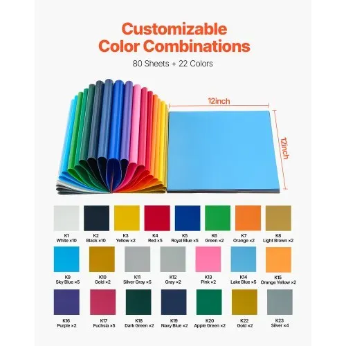 VEVOR Vinylfolie Wärmeübertragung Transferfolie (304,8 x 304,8 mm) 80 Blätter, verschiedene Farben, Plotterfolie kompatibel mit Schneidemaschinen, Aufbügelfolie für T-Shirts Kissen Hüte – Bild 5