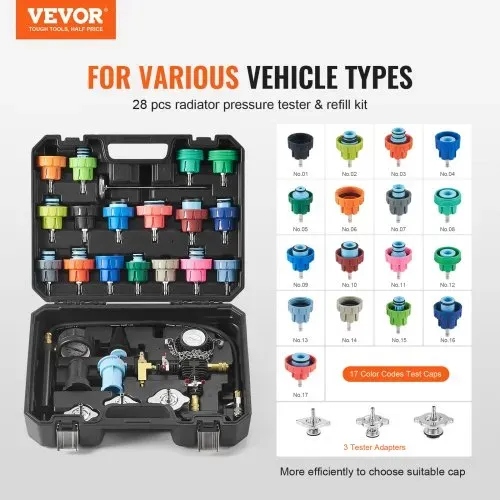 VEVOR 28-teiliges Kühlerkühlmittel-Druckprüfer-Set Abdrückgerät, Abdrücken Tester Kühlwasser Befüllgerät, Kühler Entlüftungsgerät Kühlsystemtester inkl. Thermometer, 17 Metalladapter und 3 Prüfkappen VEVOR 28-teiliges Kühlerkühlmittel-Druckprüfer-Set Abdrückgerät, Abdrücken Tester Kühlwasser Befüllgerät, Kühler Entlüftungsgerät Kühlsystemtester inkl. Thermometer, 17 Metalladapter und 3 Prüfkappen