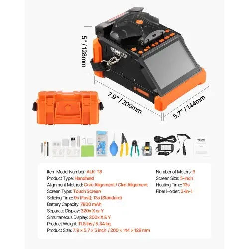 VEVOR Glasfaser Spleißgerät, 6 Motoren, Fusionsspleißgerät, Kern-/Mantelausrichtung, 6 s Spleißen, 13 s Aufheizen, Touchscreen, 3-in-1-Fusion Splicer, 7800 mAh Akku für SM MM DS NZDS – Bild 6
